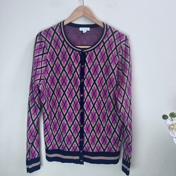 Charter Club Blue Pink Gold Metallic Argyle Cardigan Button Up Top Women's XL - Picture 1 of 7